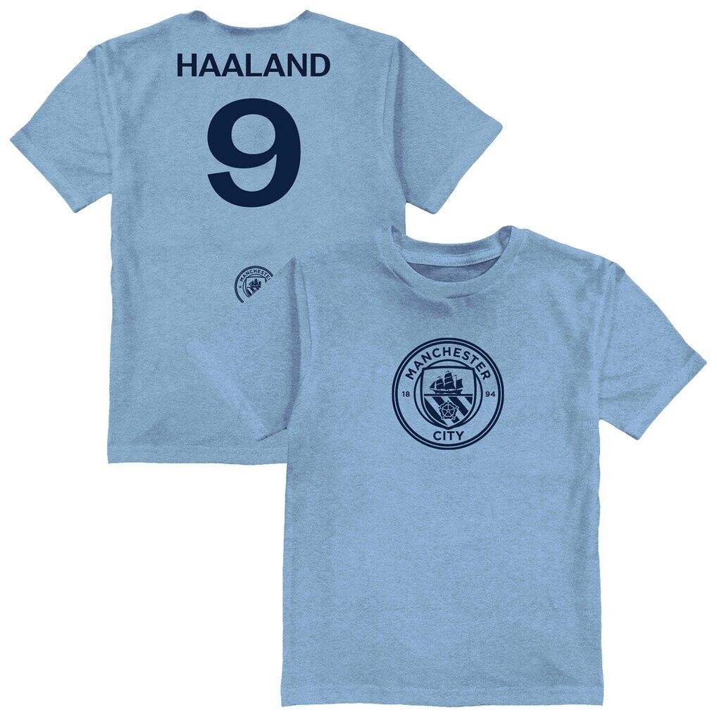 Erling Haaland Manchester City Vive La Fete Youth Player Name & Number Color Badge T-Shirt – Light Blue