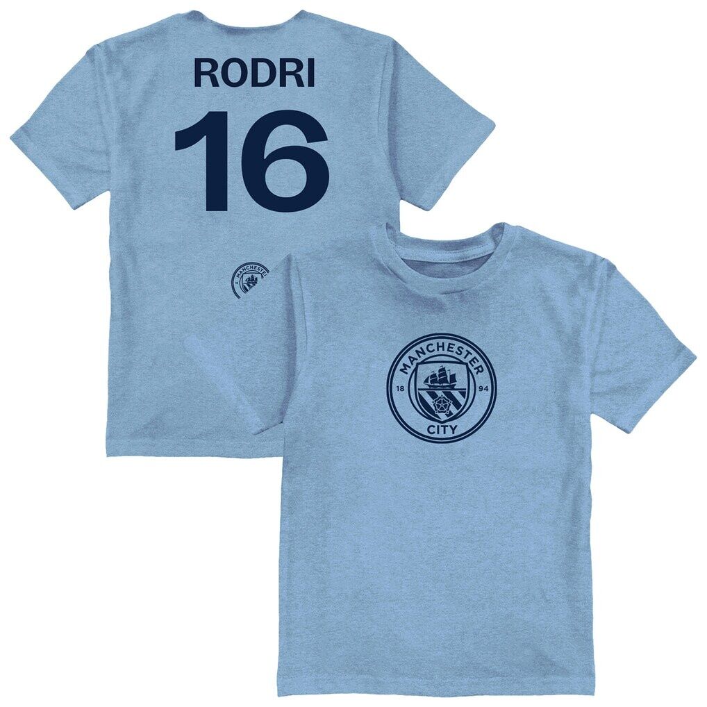 Rodri Manchester City Vive La Fete Youth Player Name & Number Color Badge T-Shirt – Light Blue