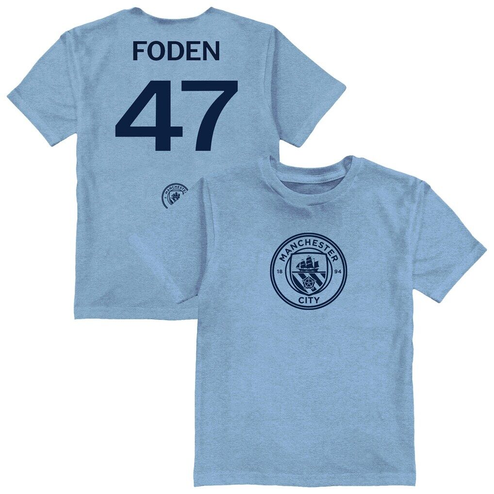 Phil Foden Manchester City Vive La Fete Toddler Player Name & Number Color Badge T-Shirt – Light Blue