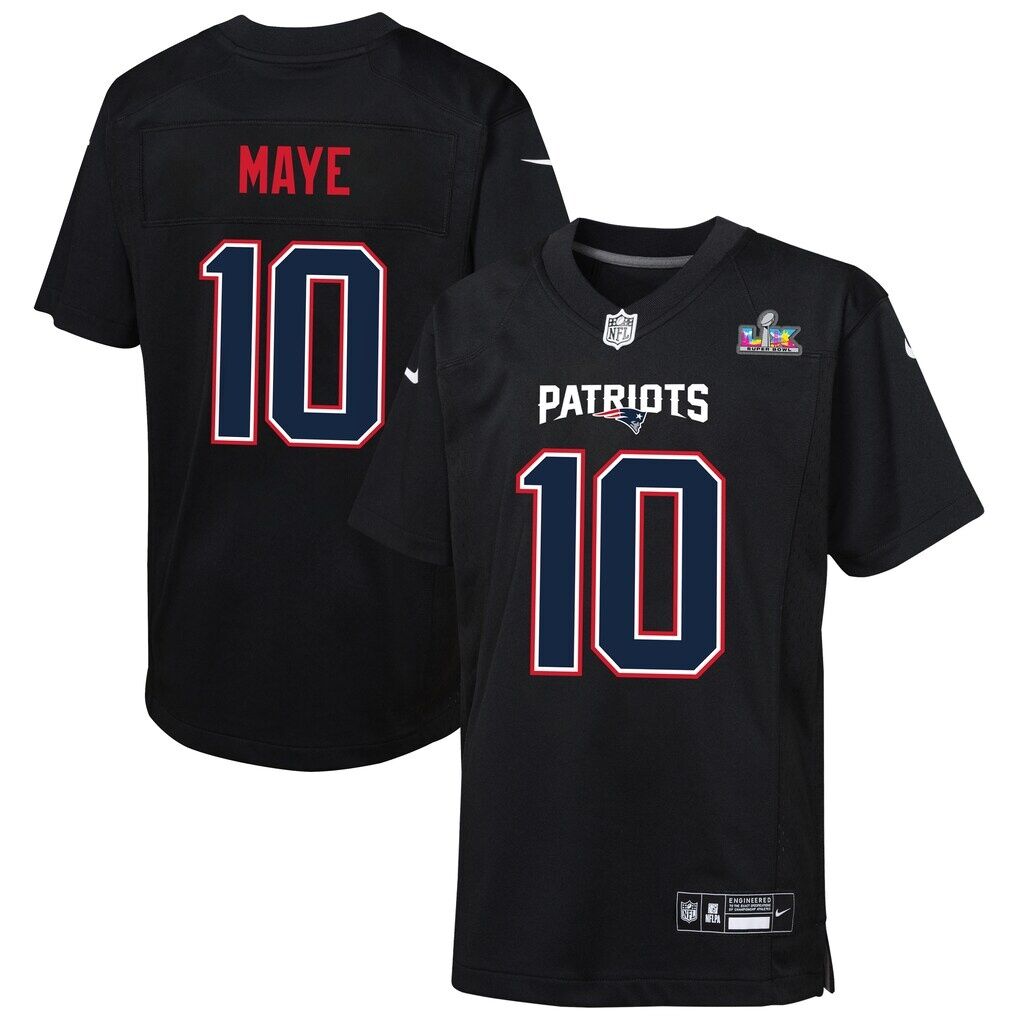 Drake Maye New England Patriots Nike Youth Super Bowl LX Patch Carbon Fashion Game Jersey