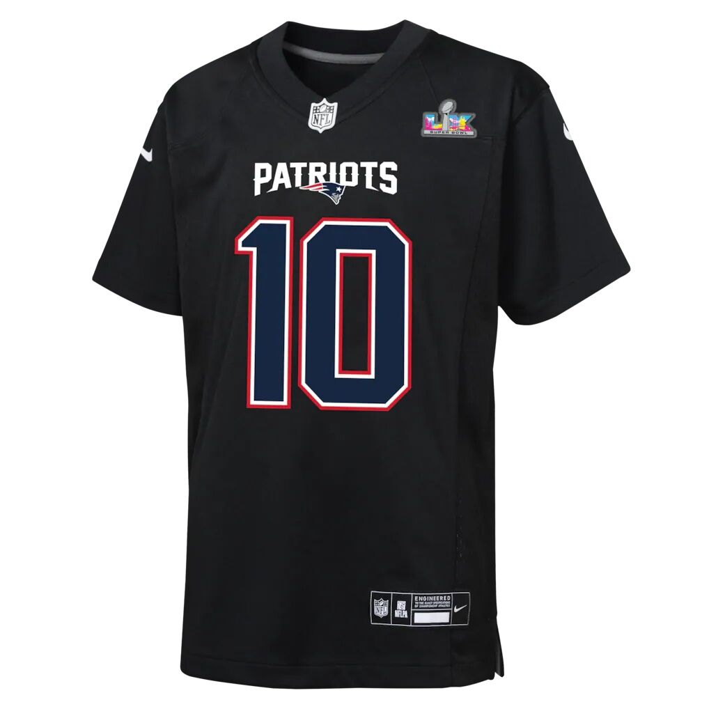 Drake Maye New England Patriots Nike Youth Super Bowl LX Patch Carbon Fashion Game Jersey