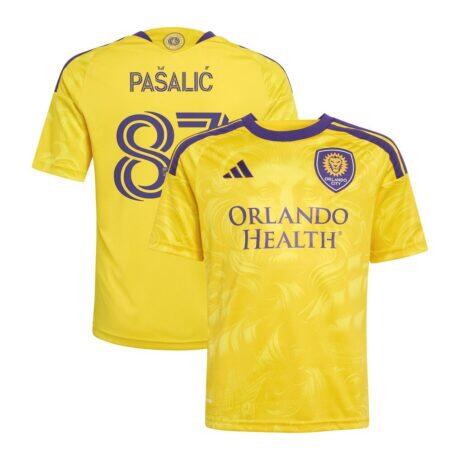 Marco Pašalić Orlando City SC adidas Youth 2026 Sunken Treasure Kit Replica Jersey - Yellow - Front View