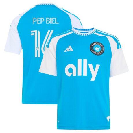 Pep Biel Charlotte FC adidas Youth 2026 Carolina Kit: Crowns Up Replica Jersey - Blue - Front View