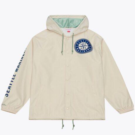 Ichiro Suzuki Seattle Mariners Mitchell & Ness Full-Snap Yacht Rock Name & Number Hooded Coach's Jacket - Cream - Front View