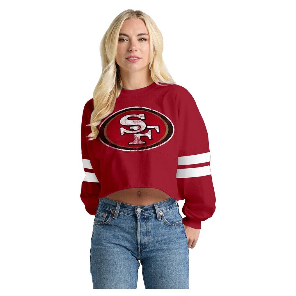 San Francisco 49ers Spirit Jersey Oversized Cropped Stripe Long Sleeve T-Shirt - Scarlet