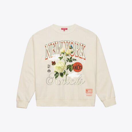 New York Knicks Mitchell & Ness Women's Floral Crewneck Sweatshirt - Cream - Front View