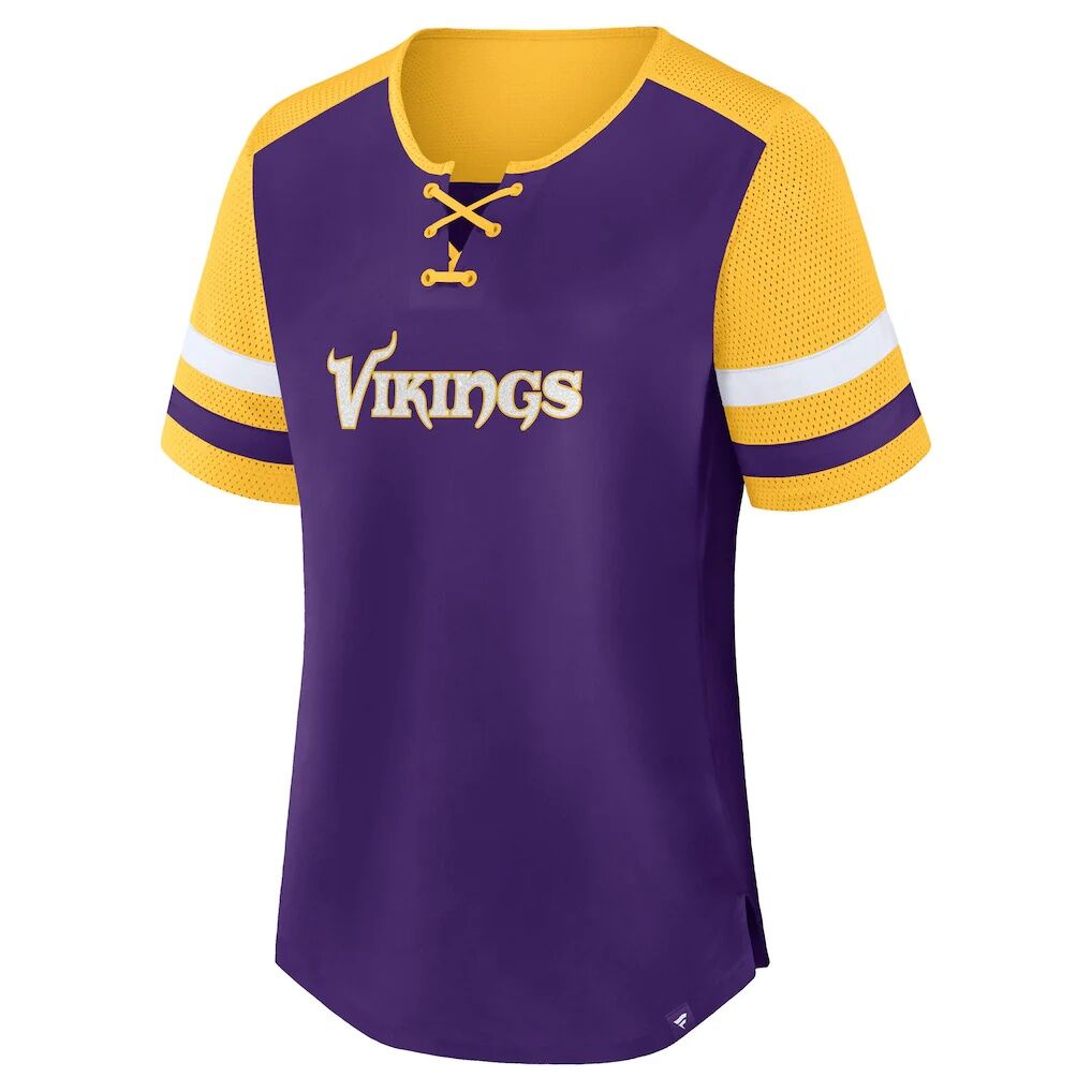 Minnesota Vikings Fashion7 Women's Plus Size Throwback Curl Route Lace-Up T-Shirt - Purple/Gold