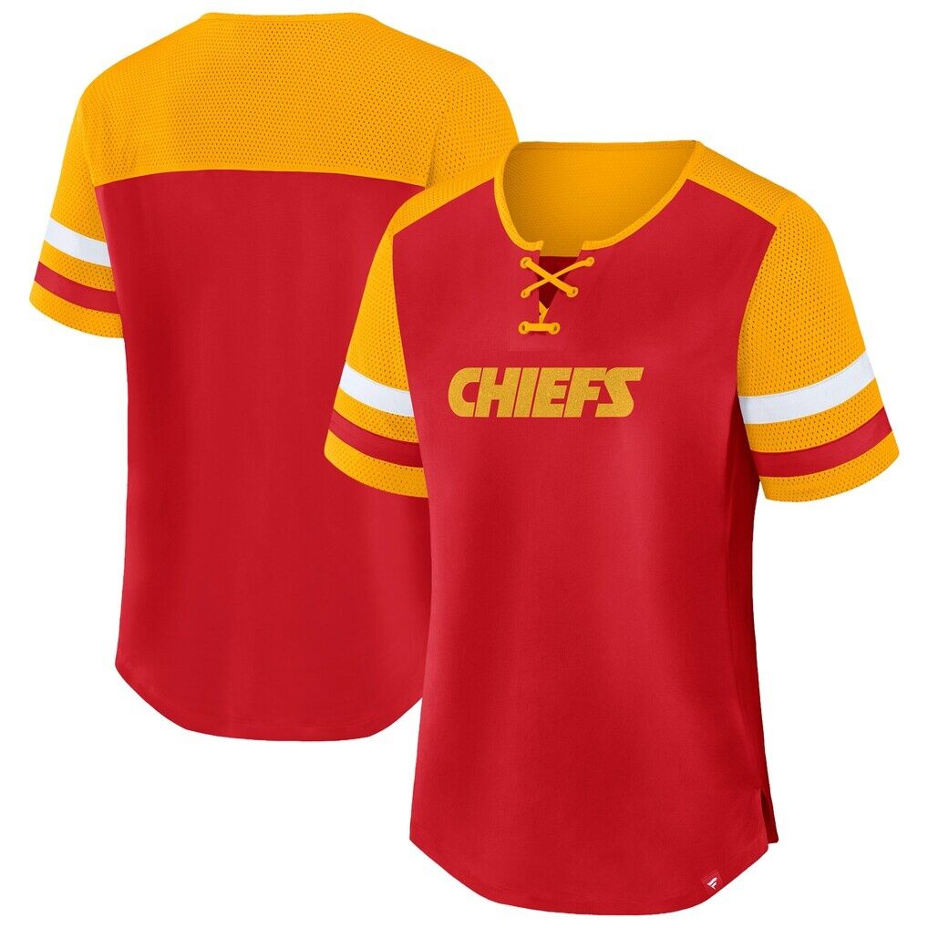 Kansas City Chiefs Fashion7 Women's Plus Size Throwback Curl Route Lace-Up T-Shirt - Red/Gold