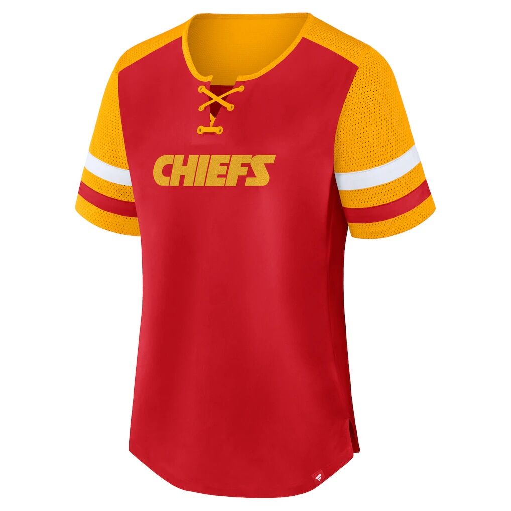 Kansas City Chiefs Fashion7 Women's Plus Size Throwback Curl Route Lace-Up T-Shirt - Red/Gold