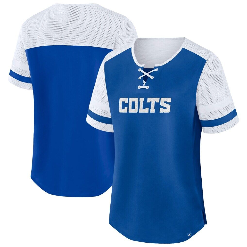 Indianapolis Colts Fashion7 Women's Plus Size Throwback Curl Route Lace-Up T-Shirt - Royal/Silver