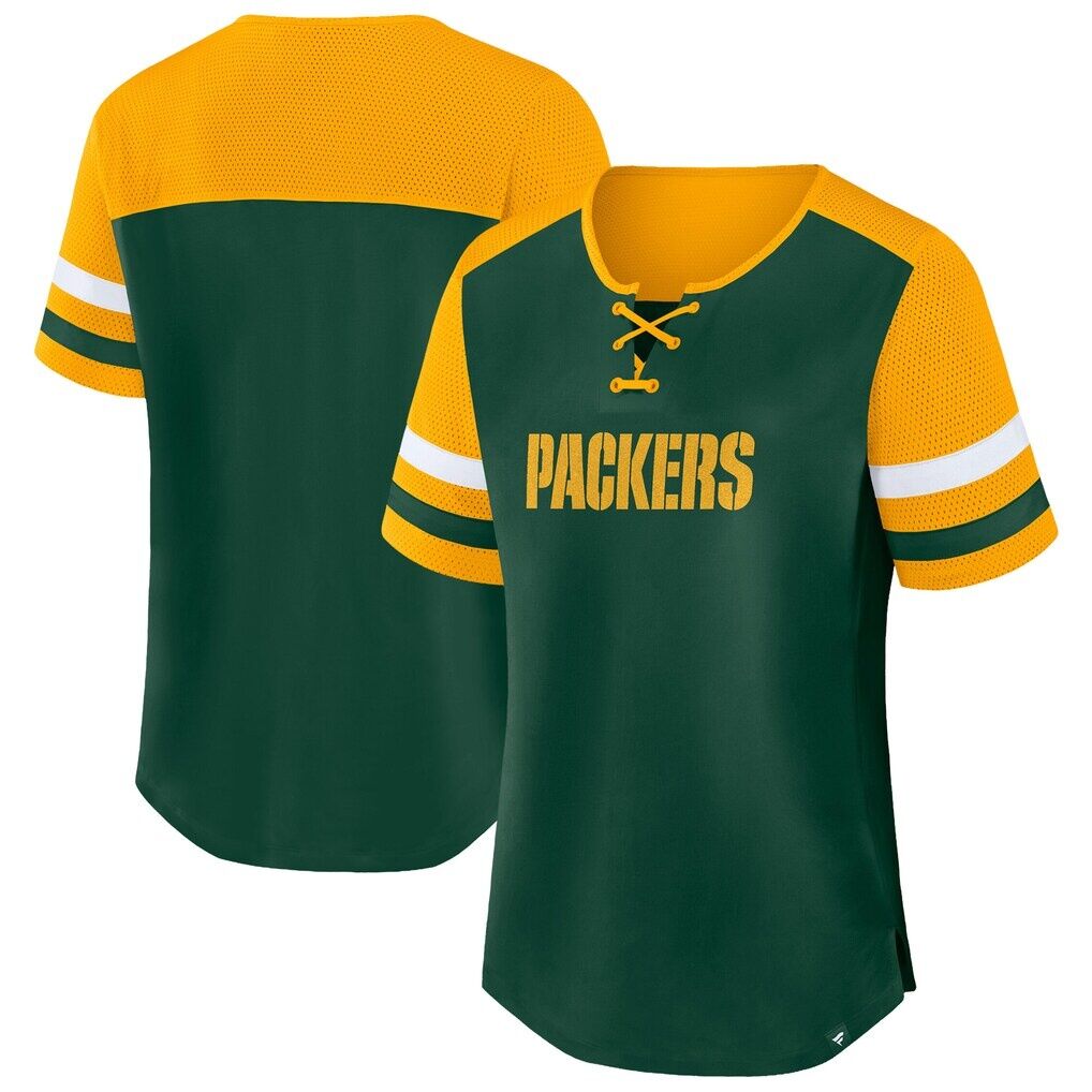 Green Bay Packers Fashion7 Women's Plus Size Throwback Curl Route Lace-Up T-Shirt - Green/Gold