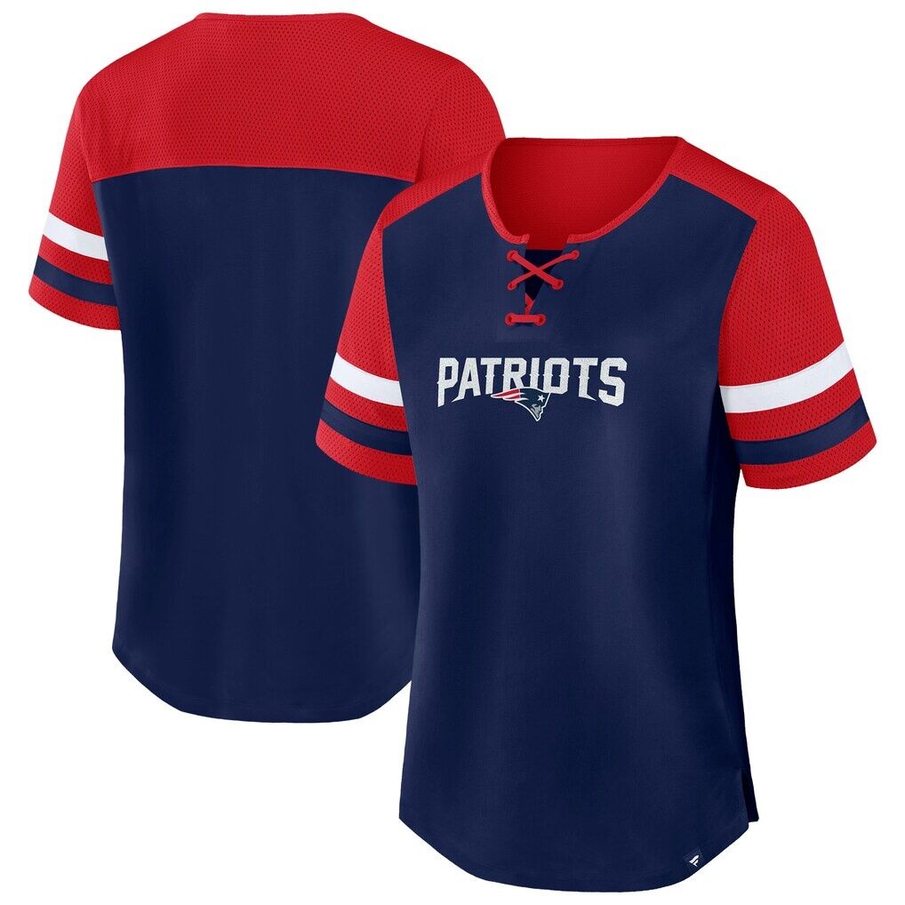 New England Patriots Fashion7 Women's Plus Size Throwback Curl Route Lace-Up T-Shirt - Navy/Red