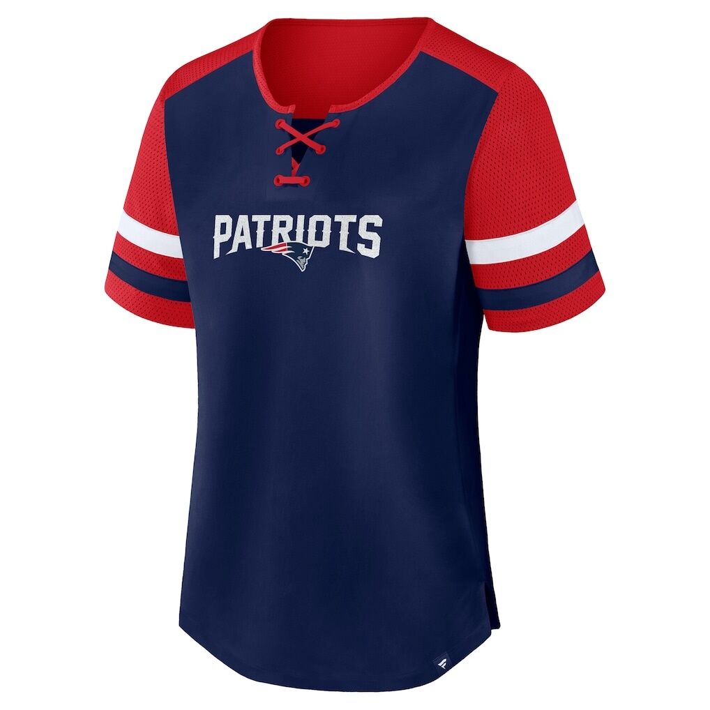 New England Patriots Fashion7 Women's Plus Size Throwback Curl Route Lace-Up T-Shirt - Navy/Red