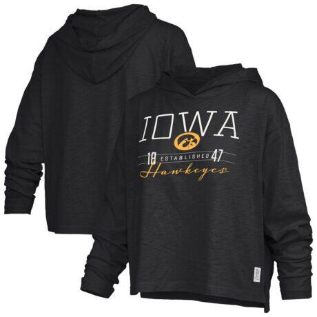 Iowa Hawkeyes Pressbox Women's Castillo Slub Waist Length Long Sleeve Hooded T-Shirt - Black - Front View