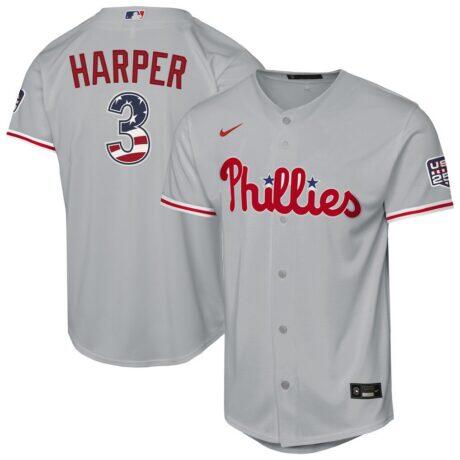 Bryce Harper Philadelphia Phillies Nike Youth USA 250 Fourth of July Road Replica Jersey - Gray - Front View