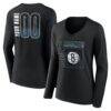 Brooklyn Nets Women's Home Court Pop Personalized Name & Number Long Sleeve V-Neck T-Shirt - Black - Front View