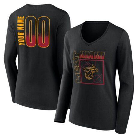Miami Heat Women's Home Court Pop Personalized Name & Number Long Sleeve V-Neck T-Shirt - Black - Front View