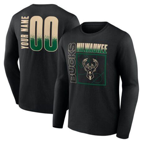 Milwaukee Bucks Home Court Pop Personalized Name & Number Long Sleeve T-Shirt - Black - Front View