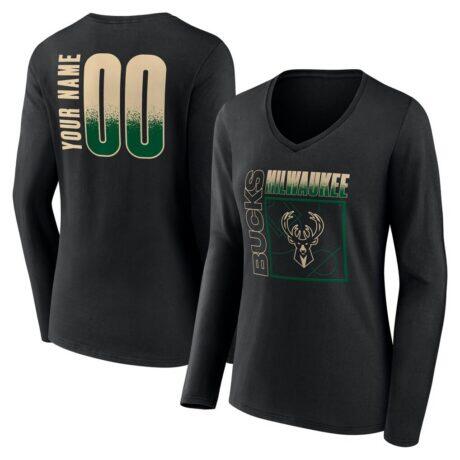 Milwaukee Bucks Women's Home Court Pop Personalized Name & Number Long Sleeve V-Neck T-Shirt - Black - Front View