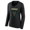 Milwaukee Bucks Women's Home Court Pop Personalized Name & Number Long Sleeve V-Neck T-Shirt - Black - Side View