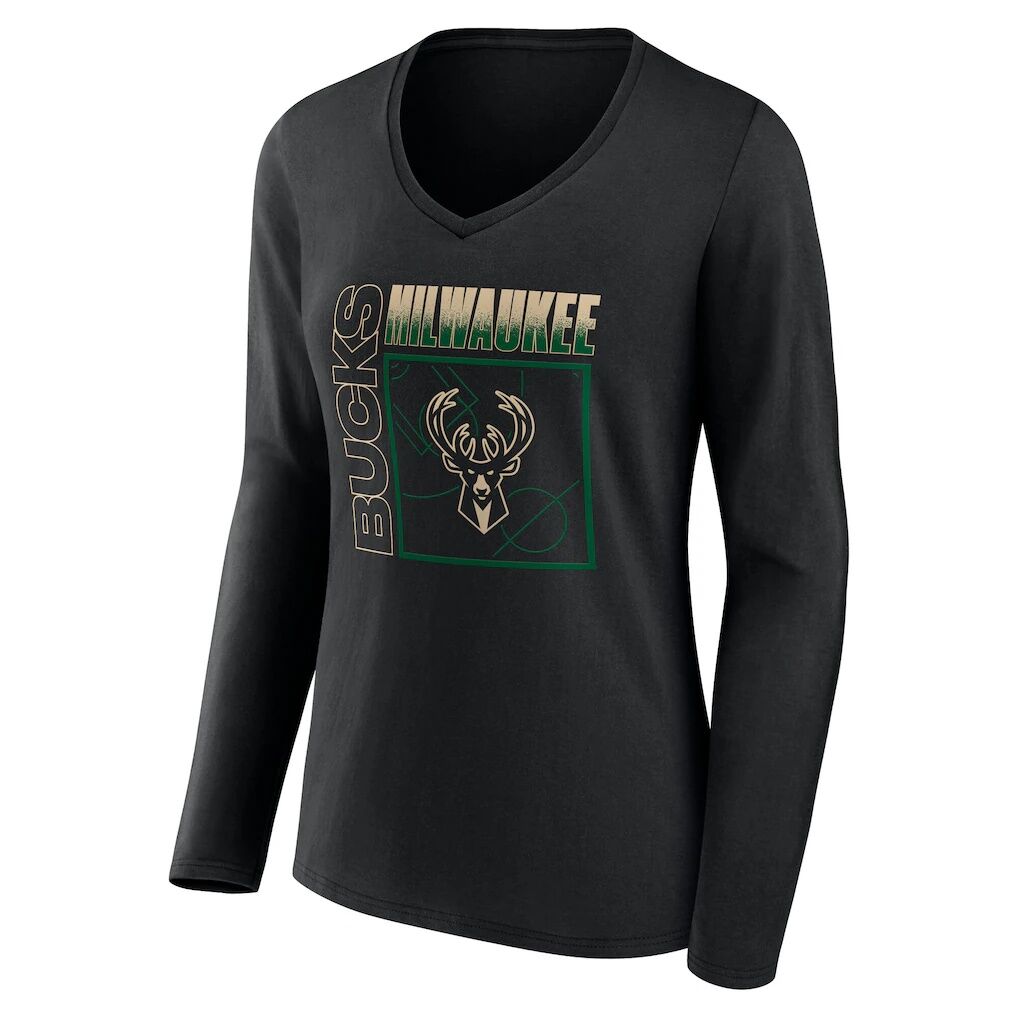 Milwaukee Bucks Women's Home Court Pop Personalized Name & Number Long Sleeve V-Neck T-Shirt