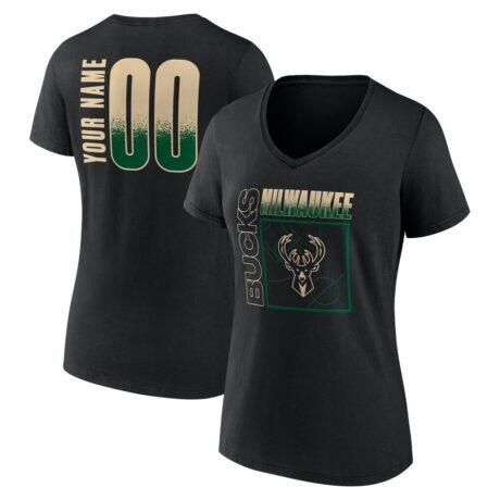 Milwaukee Bucks Women's Home Court Pop Personalized Name & Number V-Neck T-Shirt - Black - Front View