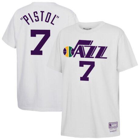Pete Maravich Utah Jazz Mitchell & Ness Youth Hardwood Classics Name & Number T-Shirt - White - Front View