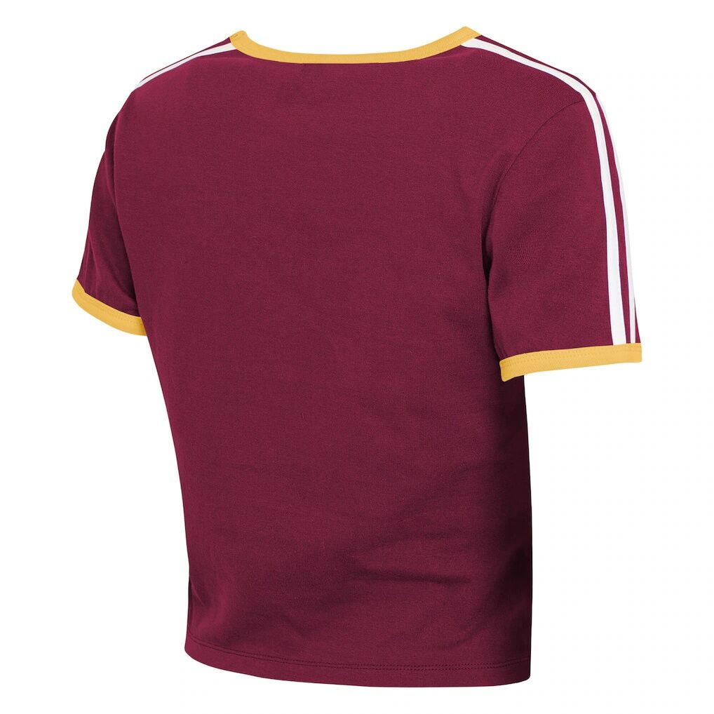 Washington Commanders WEAR by Erin Andrews Women's Cropped Throwback Ringer Baby T-Shirt - Burgundy