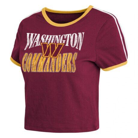 Washington Commanders WEAR by Erin Andrews Women's Cropped Throwback Ringer Baby T-Shirt - - Detail View