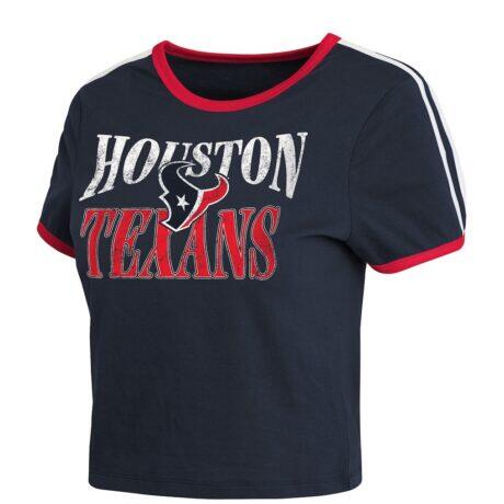 Houston Texans WEAR by Erin Andrews Women's Cropped Throwback Ringer Baby T-Shirt - Navy - Detail View