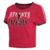 Atlanta Falcons WEAR by Erin Andrews Women's Cropped Throwback Ringer Baby T-Shirt - Red - Detail View