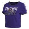Baltimore Ravens WEAR by Erin Andrews Women's Cropped Throwback Ringer Baby T-Shirt - Purple - Detail View