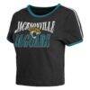 Jacksonville Jaguars WEAR by Erin Andrews Women's Cropped Throwback Ringer Baby T-Shirt - Black - Detail View