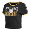 Pittsburgh Steelers WEAR by Erin Andrews Women's Cropped Throwback Ringer Baby T-Shirt - Black - Detail View
