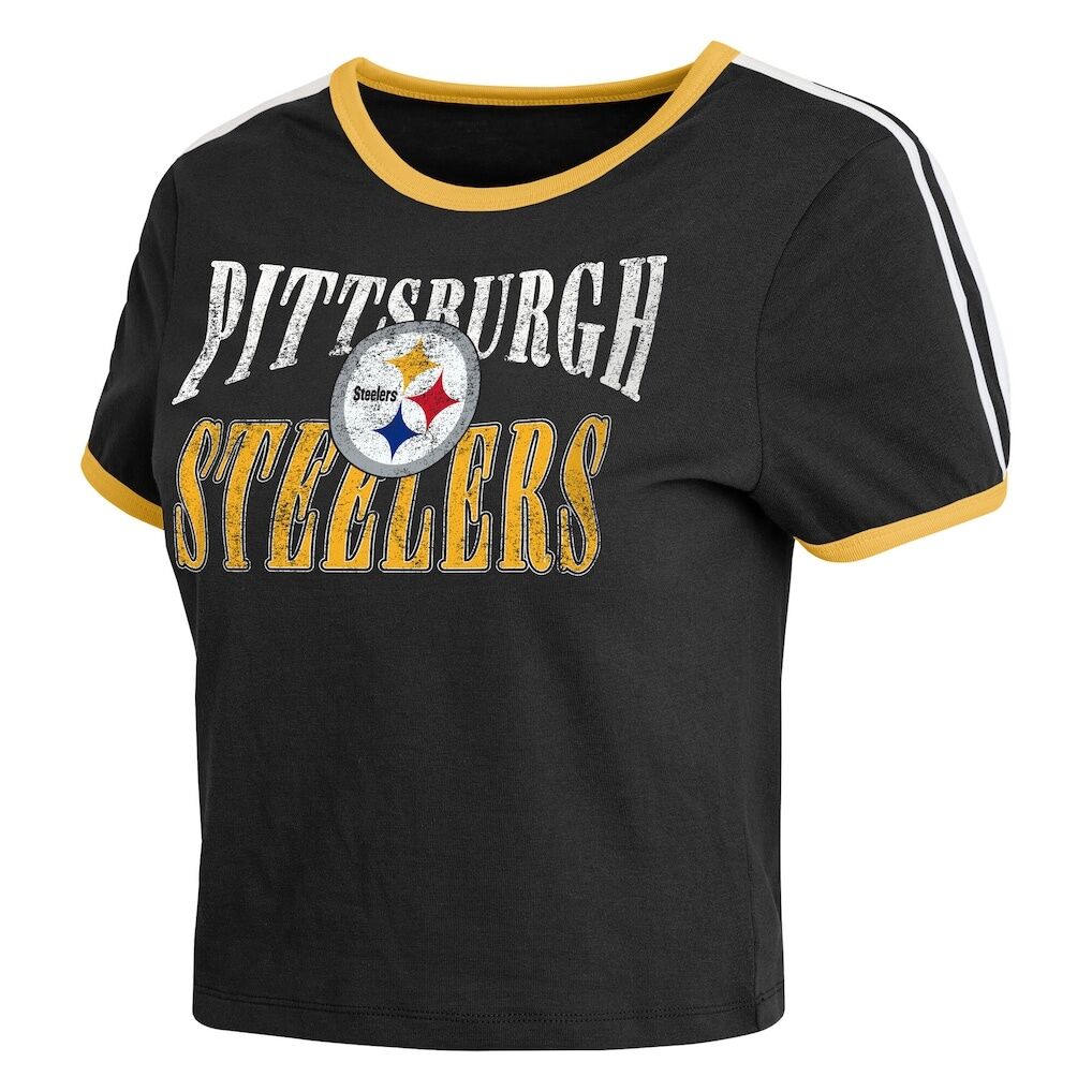 Pittsburgh Steelers WEAR by Erin Andrews Women's Cropped Throwback Ringer Baby T-Shirt
