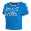 Detroit Lions WEAR by Erin Andrews Women's Cropped Ringer Baby T-Shirt - Blue - Detail View