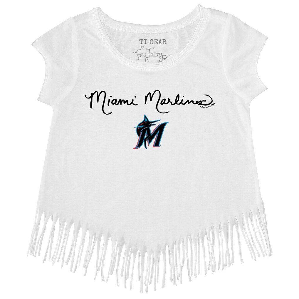 Miami Marlins Tiny Turnip Girls Toddler Script Logo Fringe T-Shirt