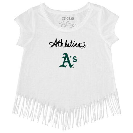 Athletics Tiny Turnip Girls Toddler Script Logo Fringe T-Shirt - White - Front View