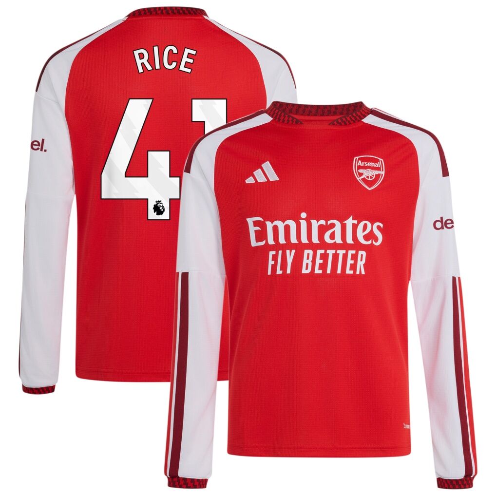 Declan Rice Arsenal adidas Youth 2026/27 Home Replica Long Sleeve Jersey