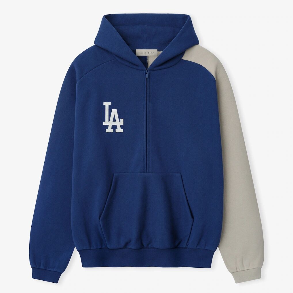 Los Angeles Dodgers Fear of God x MLB Unisex Half-Zip Raglan Sport Hoodie – Royal/Gray