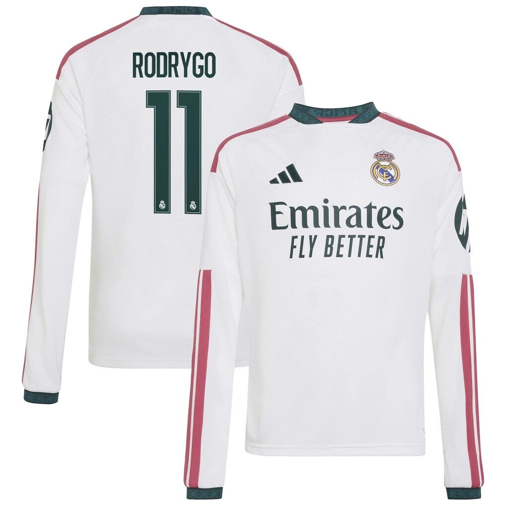 Rodrygo Real Madrid adidas Youth 2026/27 Home Replica Long Sleeve Jersey