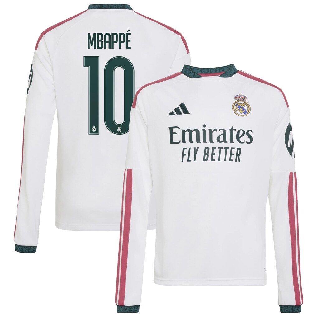 Kylian Mbappé Real Madrid adidas Youth 2026/27 Home Replica Long Sleeve Jersey