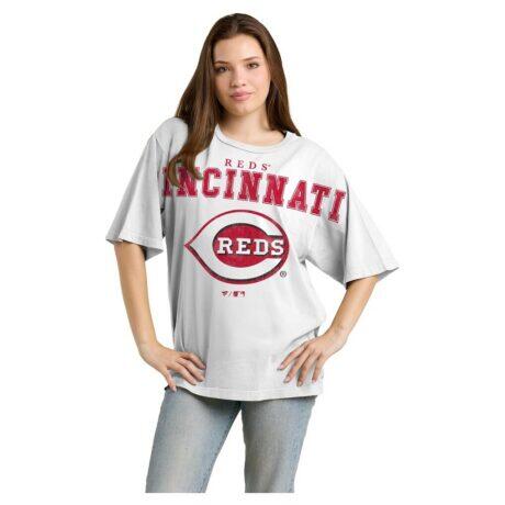 Cincinnati Reds Fashion7 Women's Relaxed Big Text T-Shirt - White - Front View