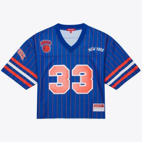 Patrick Ewing New York Knicks Mitchell & Ness x DANNIJO Women's Name & Number Cropped Football Jersey - Blue - Front View