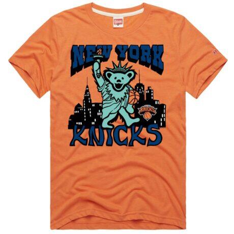 New York Knicks x The Grateful Dead Homage Unisex Bear Tri-Blend T-Shirt - Orange - Front View