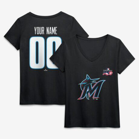 Miami Marlins Women's Celebrating America's 250th Personalized Name & Number V-Neck T-Shirt - Black - Front View