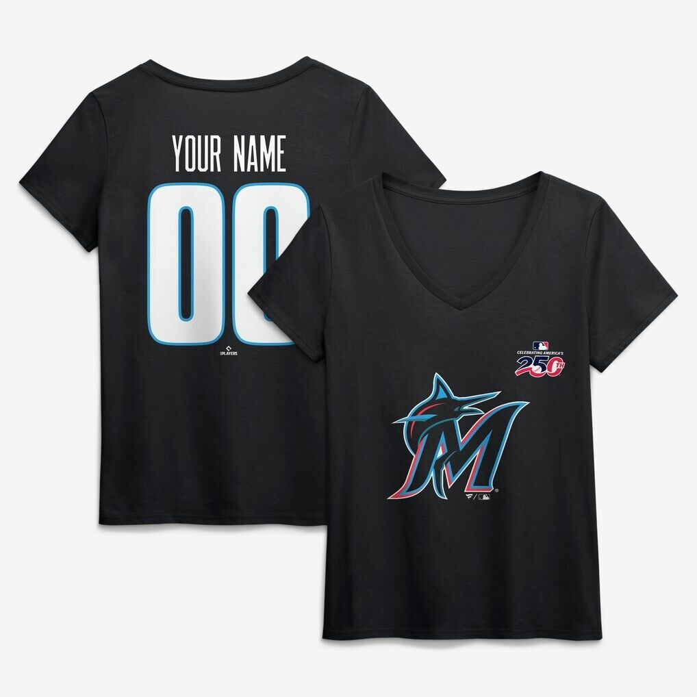 Miami Marlins Women's Celebrating America's 250th Personalized Name & Number V-Neck T-Shirt