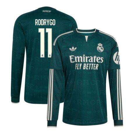 Rodrygo Real Madrid adidas 2026/27 Away Replica Long Sleeve Jersey - Green - Front View