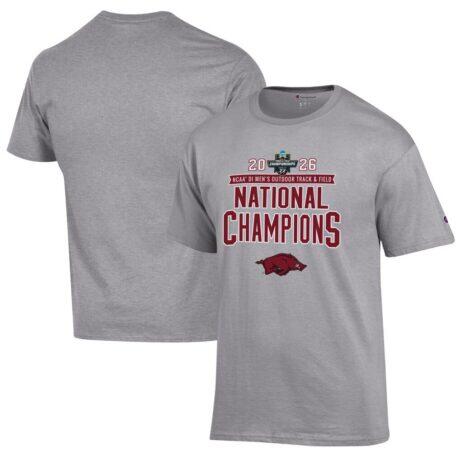 Arkansas Razorbacks Champion Unisex 2026 NCAA Men's Outdoor Track & Field National Champions T-Shirt - Gray - Front View
