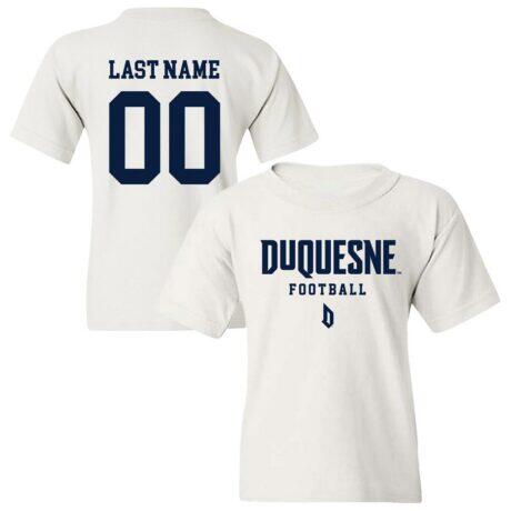 Duquesne Dukes Youth NIL Pick-A-Player Football Shirsey T-Shirt - White - Front View